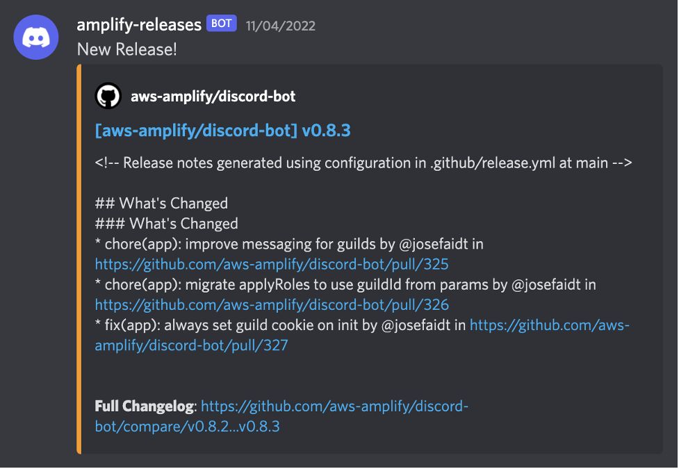 Discord bot webhook post to a dedicated releases channel with markdown content from GitHub embedded into the post