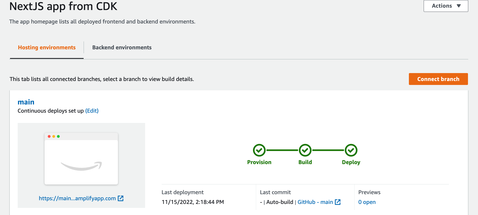 Amplify Hosting screen