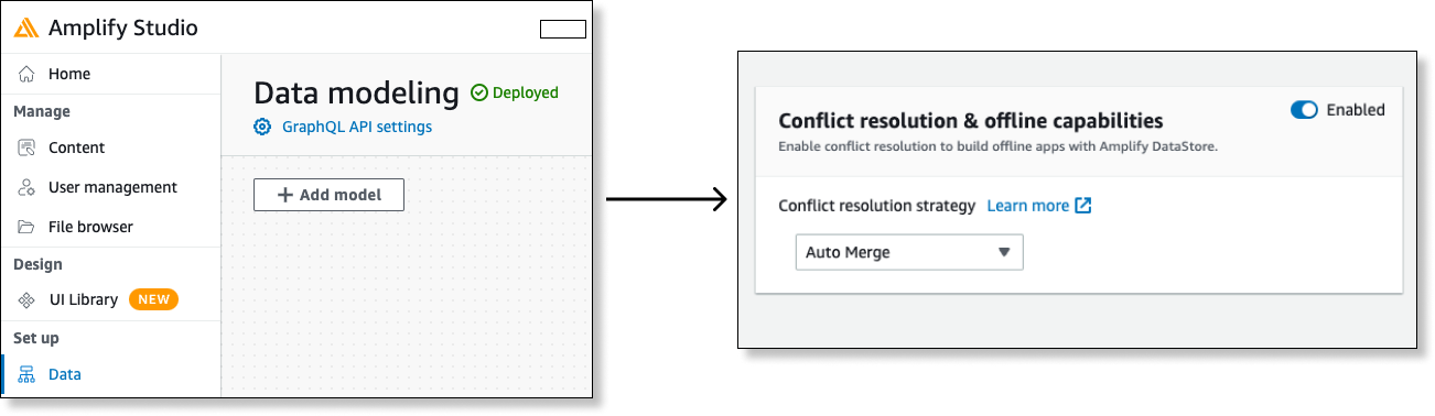 One screenshot of the Data tab with the GraphQL API settings link available, an arrow, and another screenshot of the Conflict Resolution settings option