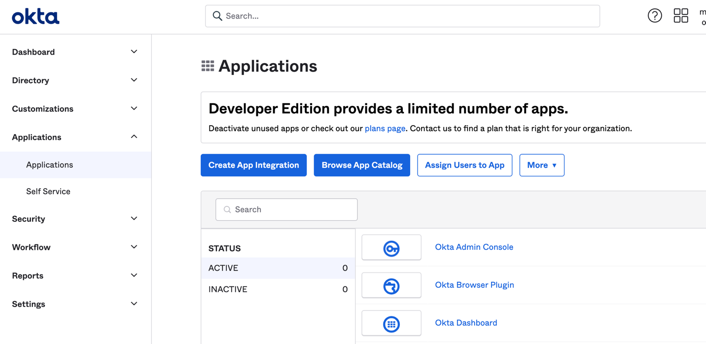 The main page Okta developers see when they log in. The pulldown menu on the left side shows a tab named Applications reveals the correct page to go to create a new Okta app.