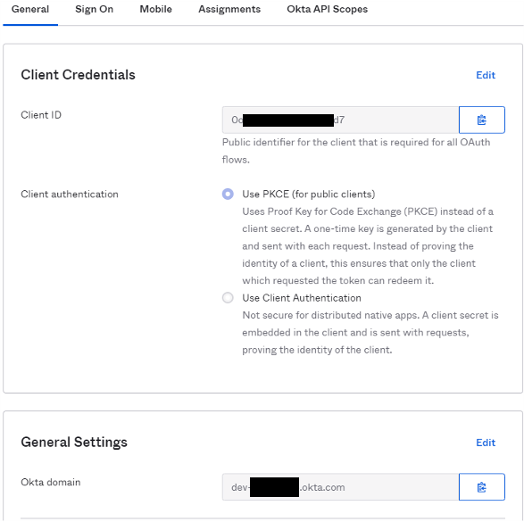 Client Credentials” section with labeled outputs for ClientID, Client Authentication. Second section says “General Settings” and has labeled output for Okta domain