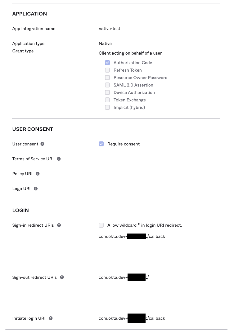 Bottommost section titled “Login” contains labeled inputs “Sign-in redirect URI”, “Sign-out redirect URI”, “initiate login URI” 