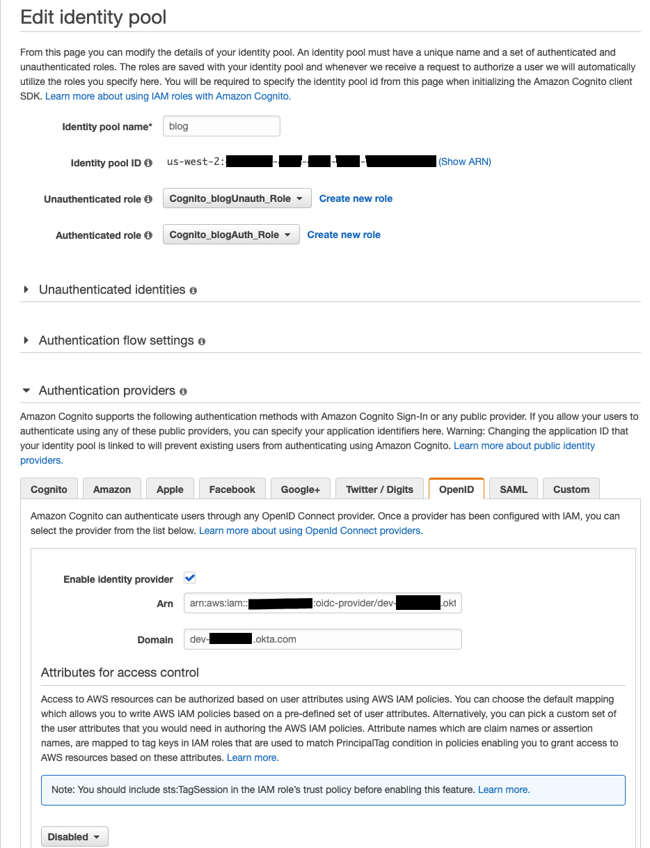 Showing Identity pool name, ID, Authenticated and Unauthenticated Role Names. Section below labeled “Authentication Providers” has several tabs, of interest being the OpenID tab which shows the ARN and Domain of the Identity Provider configured. 