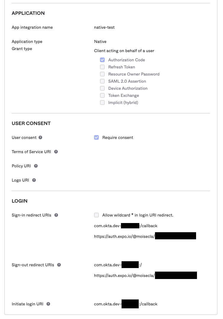 Bottommost section titled “Login” contains labeled inputs “Sign-in redirect URI”, “Sign-out redirect URI”, “initiate login URI” 