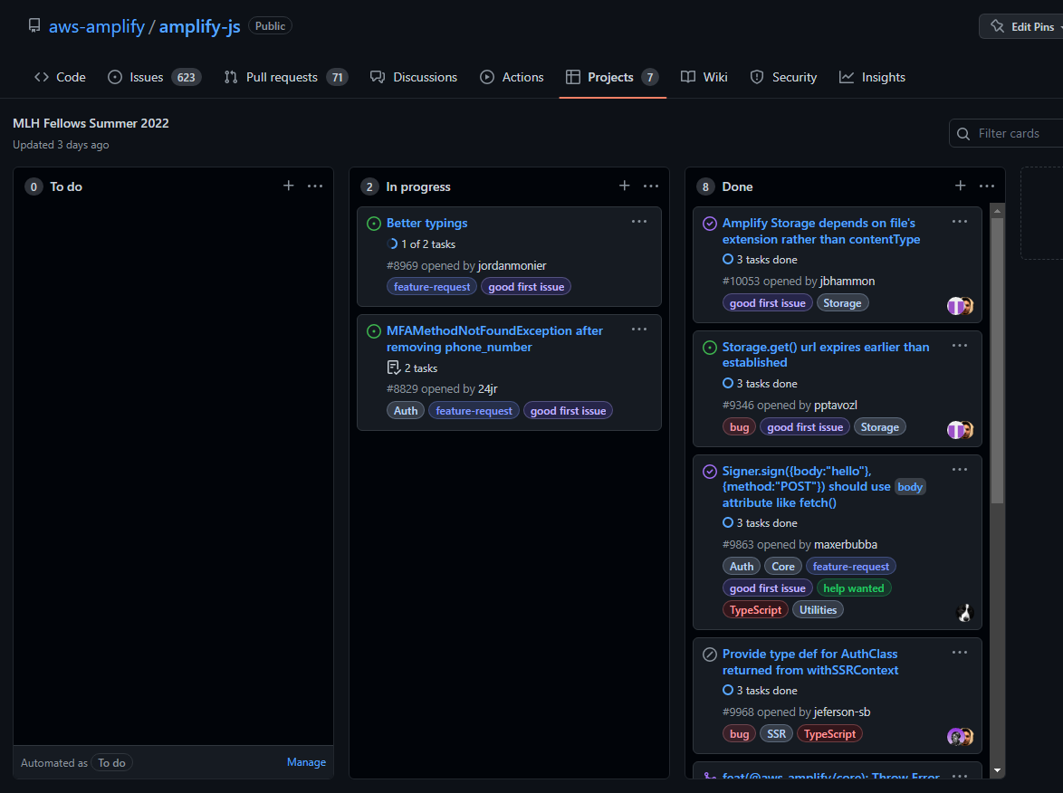 Screenshot of GitHub Project Board