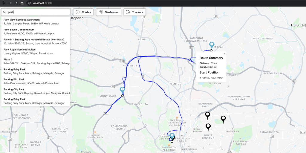 Figure 1. A web application with an interactive map, location search, and routing functionalities