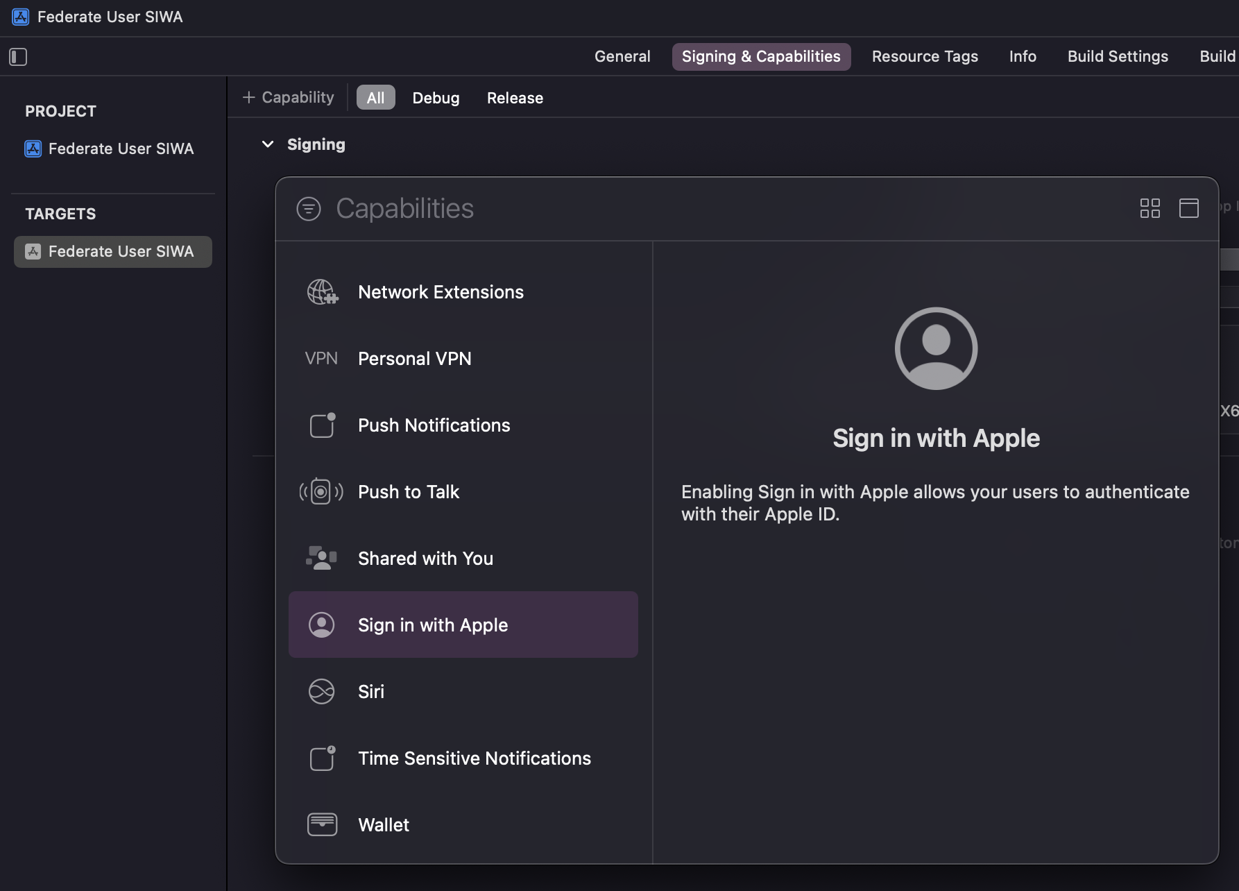 Sign in with Apple capability in Xcode