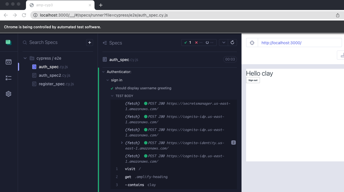 Figure 1: successful run of Cypress test spec using the cy.authenticate() custom command.