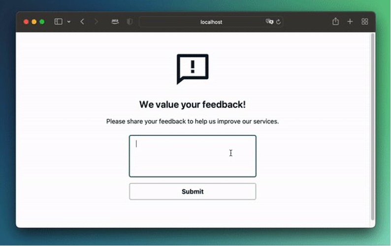 Animated GIF demonstrating the intended outcome of this solution. Shows a web browser window displaying a website with a form that is titled ‘We value your Feedback’ and ‘Please share your feedback to help us improve our services’. In the animation, a user enters ‘I had a great experience!’ in the form and clicks submit. He receives a green confirmation message thanking them for their feedback. Next, the user enters ‘I didn’t like the food’ and click submit. They receive a blue confirmation message thanking them for their feedback and inviting them to reach out to customer support so that the company can make things right.