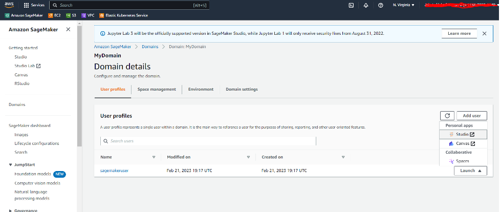 Amazon SageMaker Studio open user console