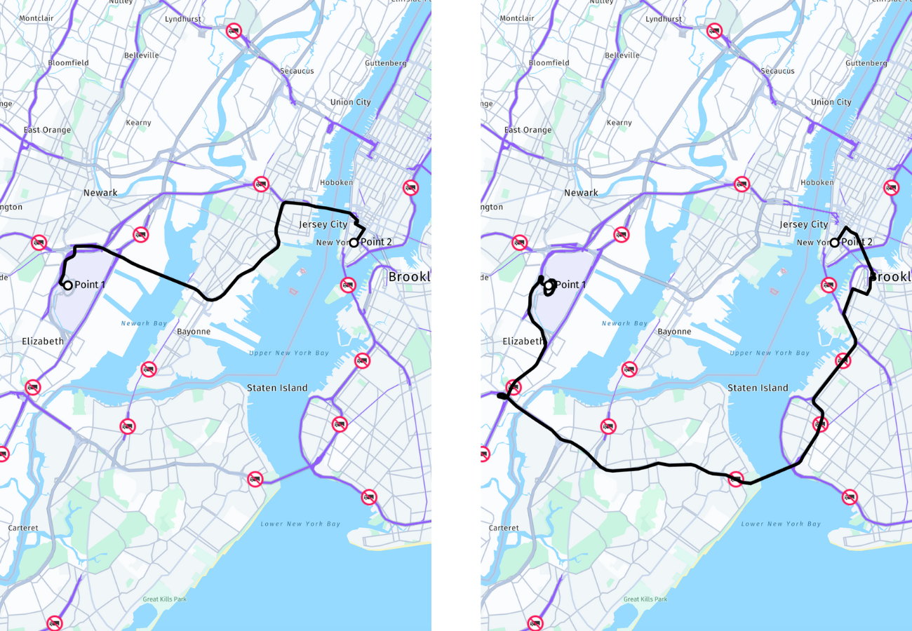 A route that a regular truck (left) and a tall truck (right) takes to go from Newark Airport, NJ to Downtown Manhattan, NY