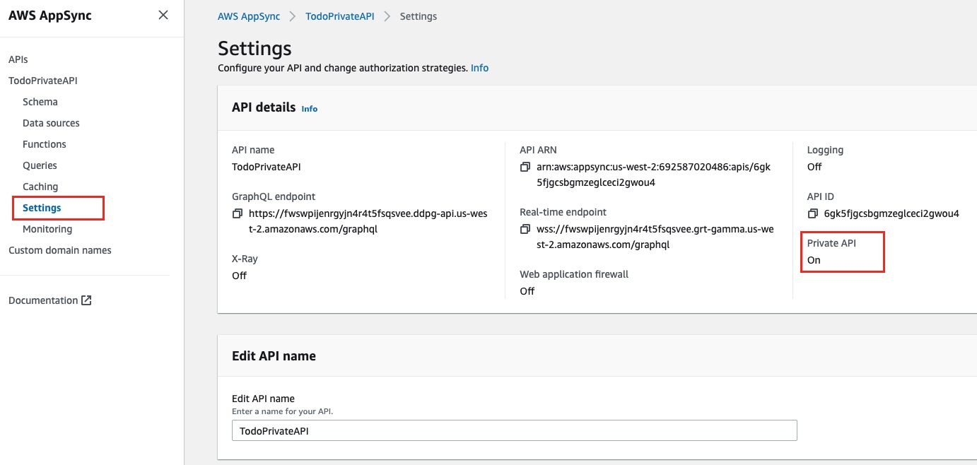 AppSync Setting Page showing Private API On