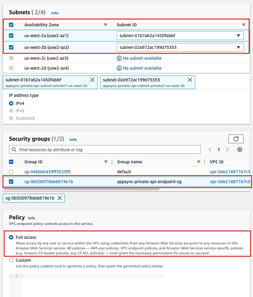 select subnets, security group and endpoint policy