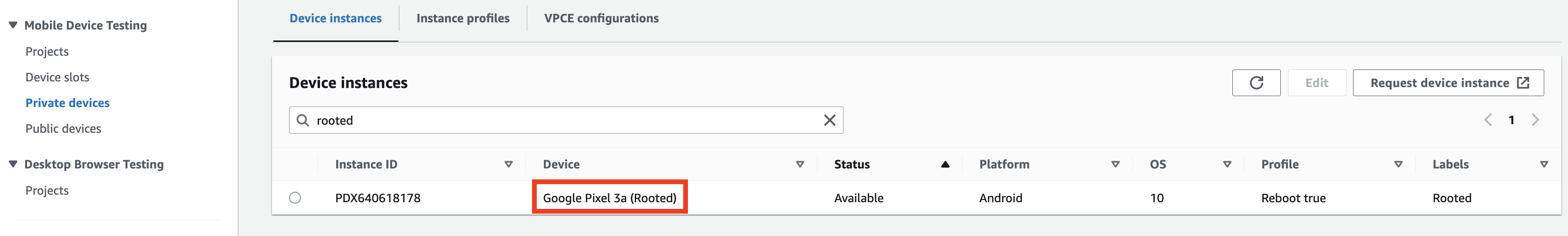 Rooted private devices in the Device Farm console