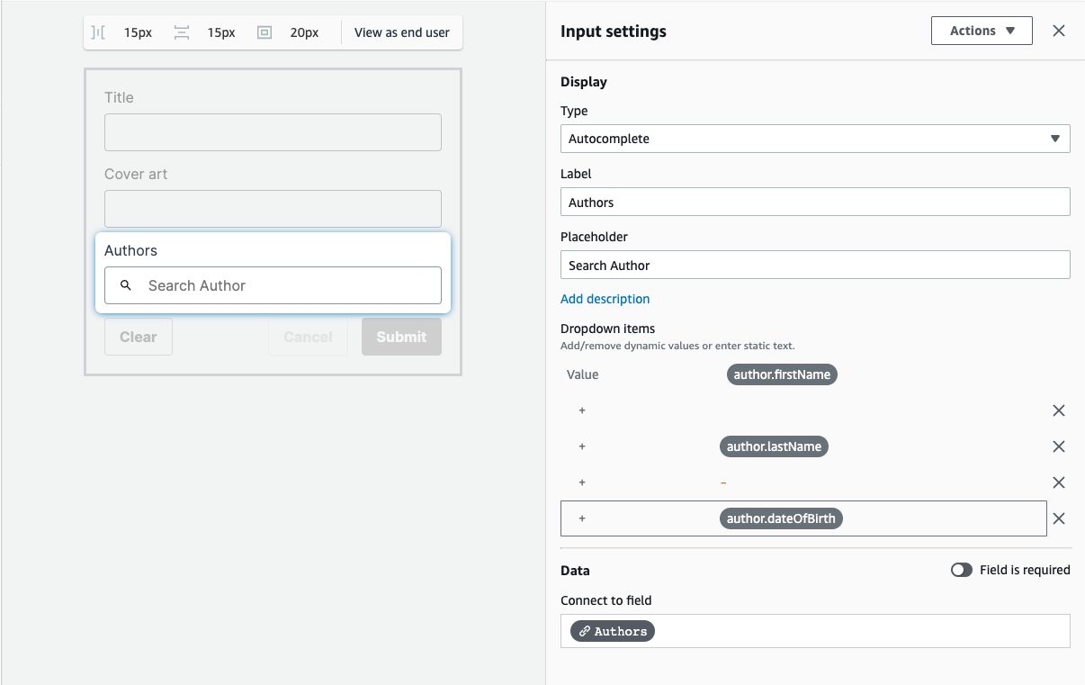 Screenshot showing the configuration options for an autocomplete field