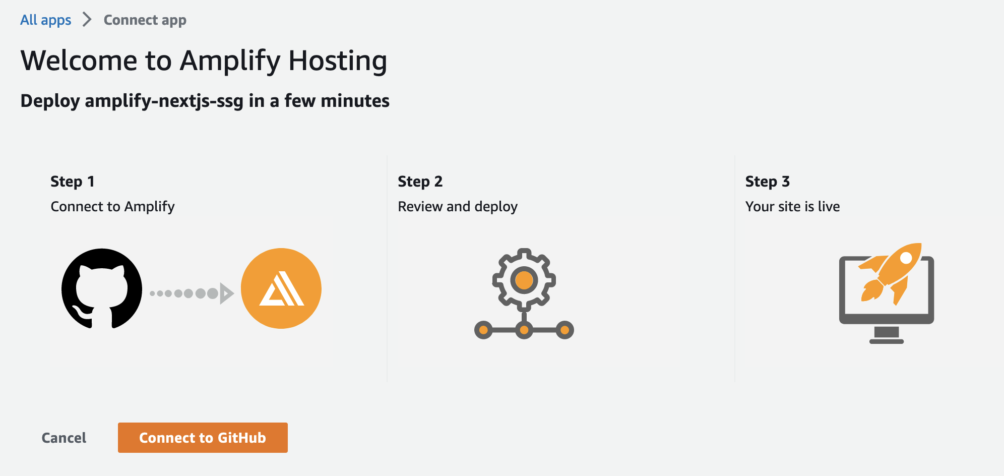 Screenshot of connecting your GitHub repo to Amplify