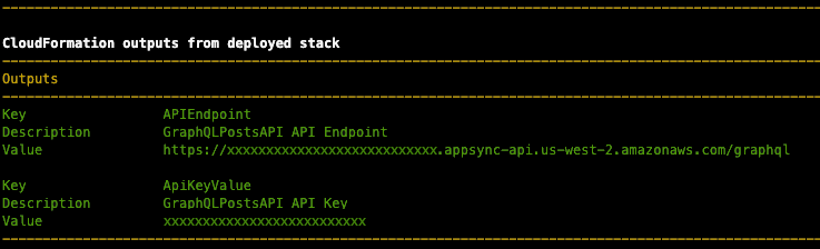 Screenshot of CloudFormation Stack Outputs from sam deploy command