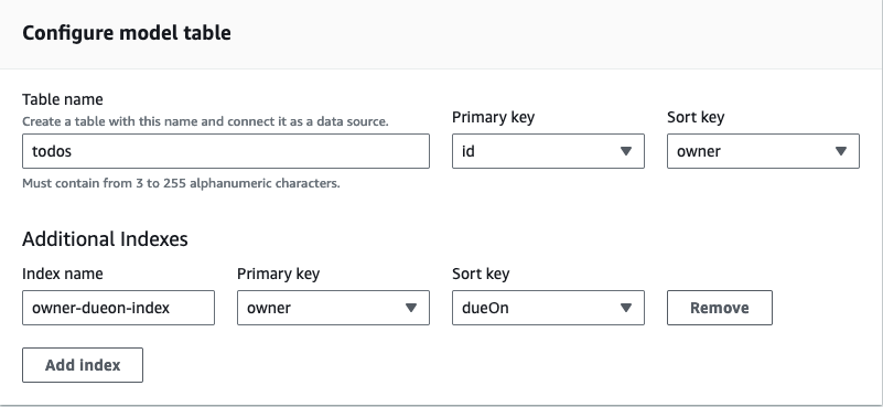 Configure model table