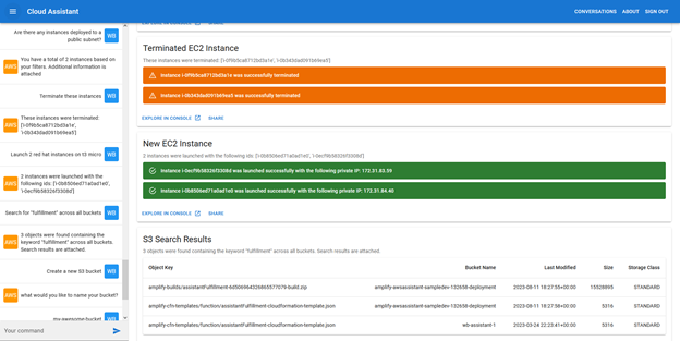 Screenshot of the conversational web application we built for this blog post showing a user submitting queries to the assistant on the left-side panel, and the assistant responding with results in the main panel