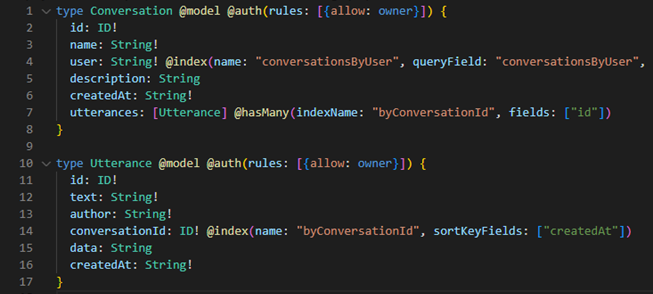 Schema definition file for the application's GraphQL API. The schema defines two model types: one for conversations and another for utterances. The schema specifies key attributes for each model type, as well as applicable indices. The schema also defines a "hasMany" relationship between conversation and utterance model types.