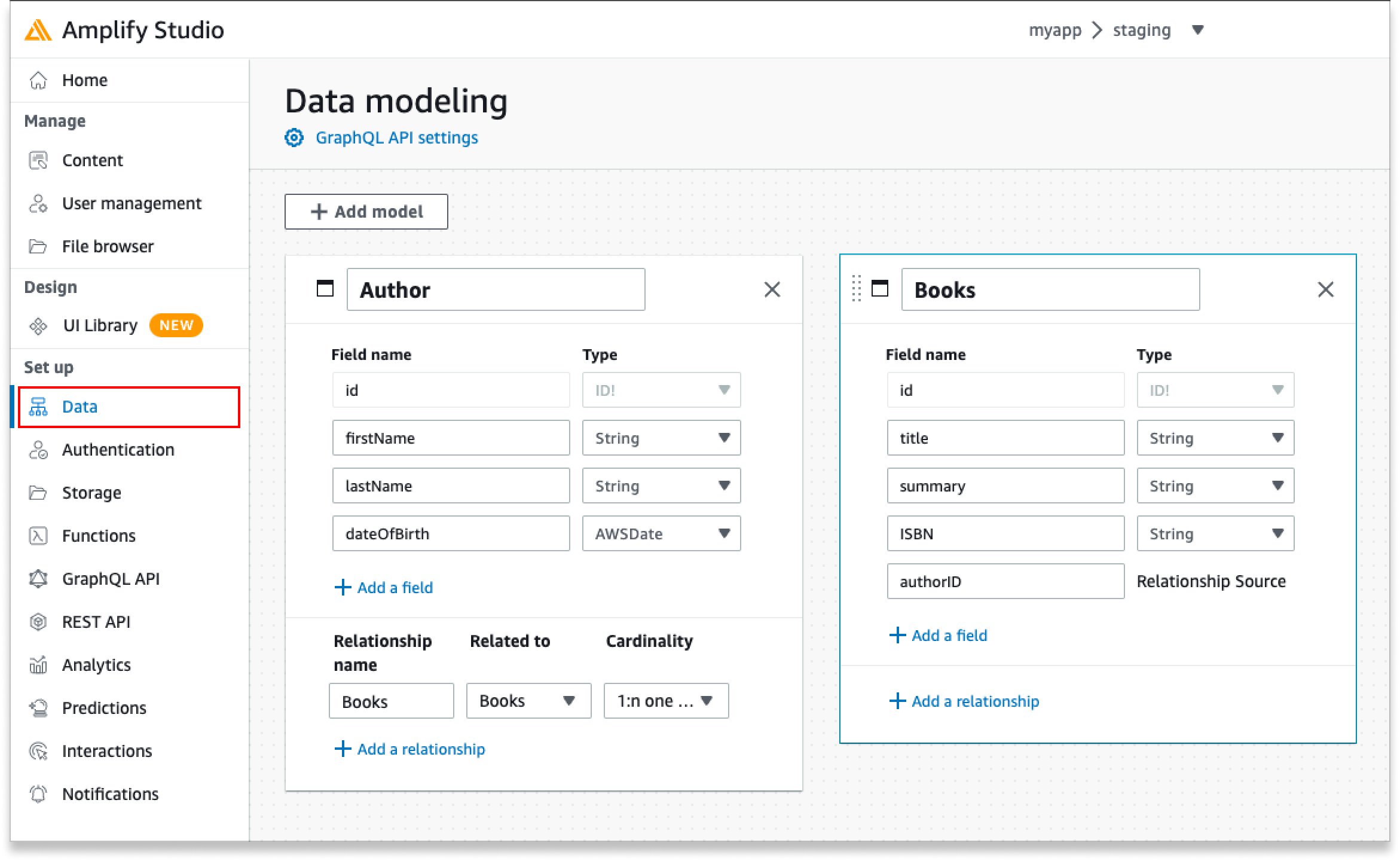 Amplify Studio with Data tab selected and schema open