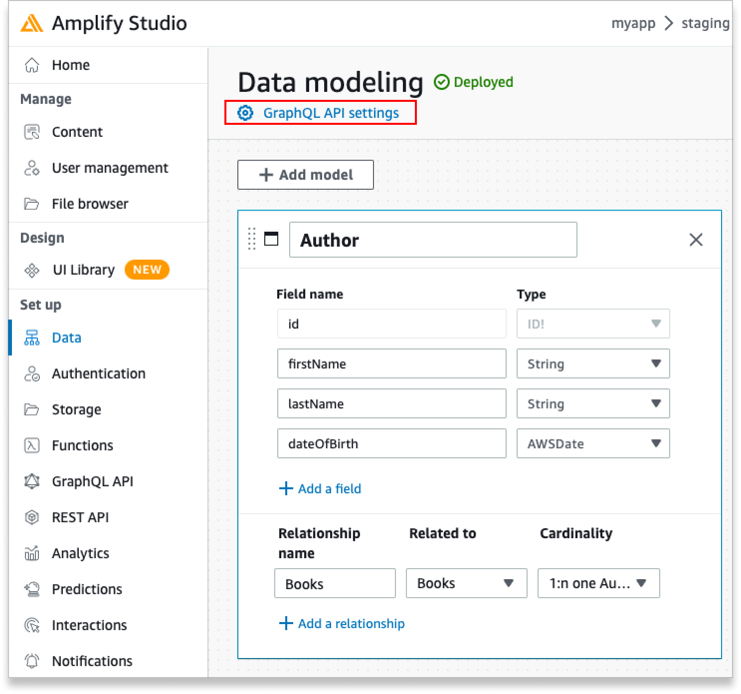 Amplify Studio with the data tab selected and GraphQL API Settings highlighted