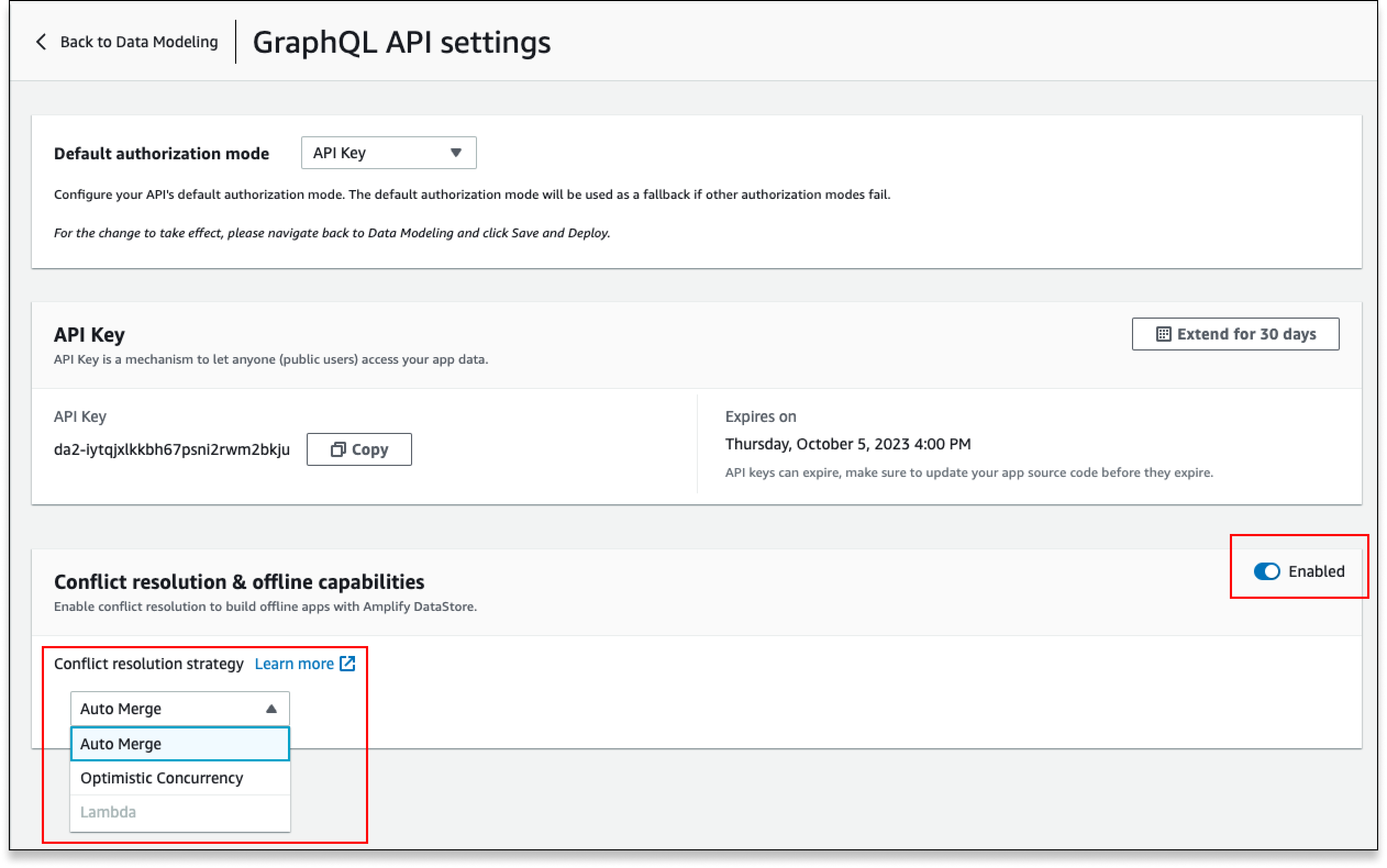 Amplify Studio GraphQL API settings with Conflict Resolution highlighted