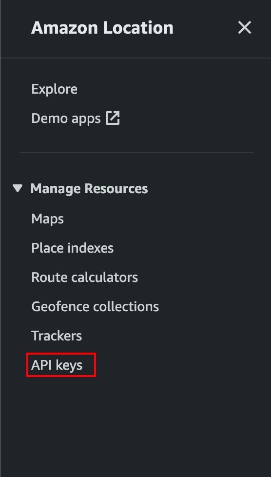 AWS Console showing the location of API Keys in Amazon Location Service