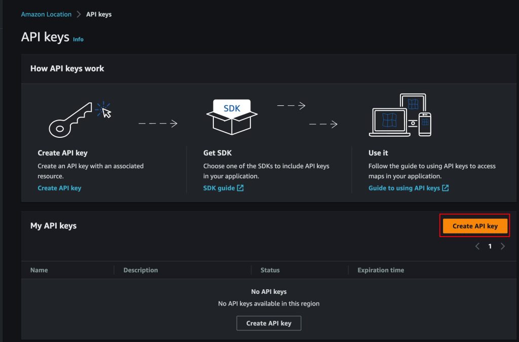 AWS Console showing how to create an API Key from the Amazon Location Service Console