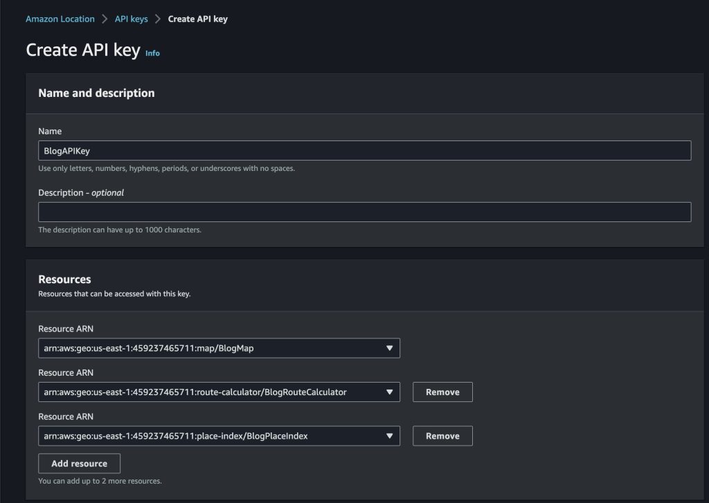 AWS Console showing the configuration for an API Key in Amazon Location Service, and configuring the resources the Key can access.