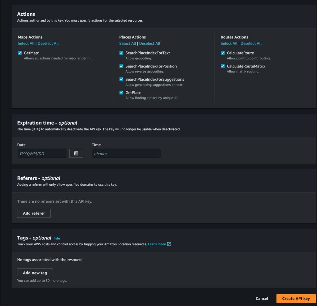 AWS Console showing the configuration for Amazon Location Service API Keys and controlling what the key has access to for the resources provided earlier.