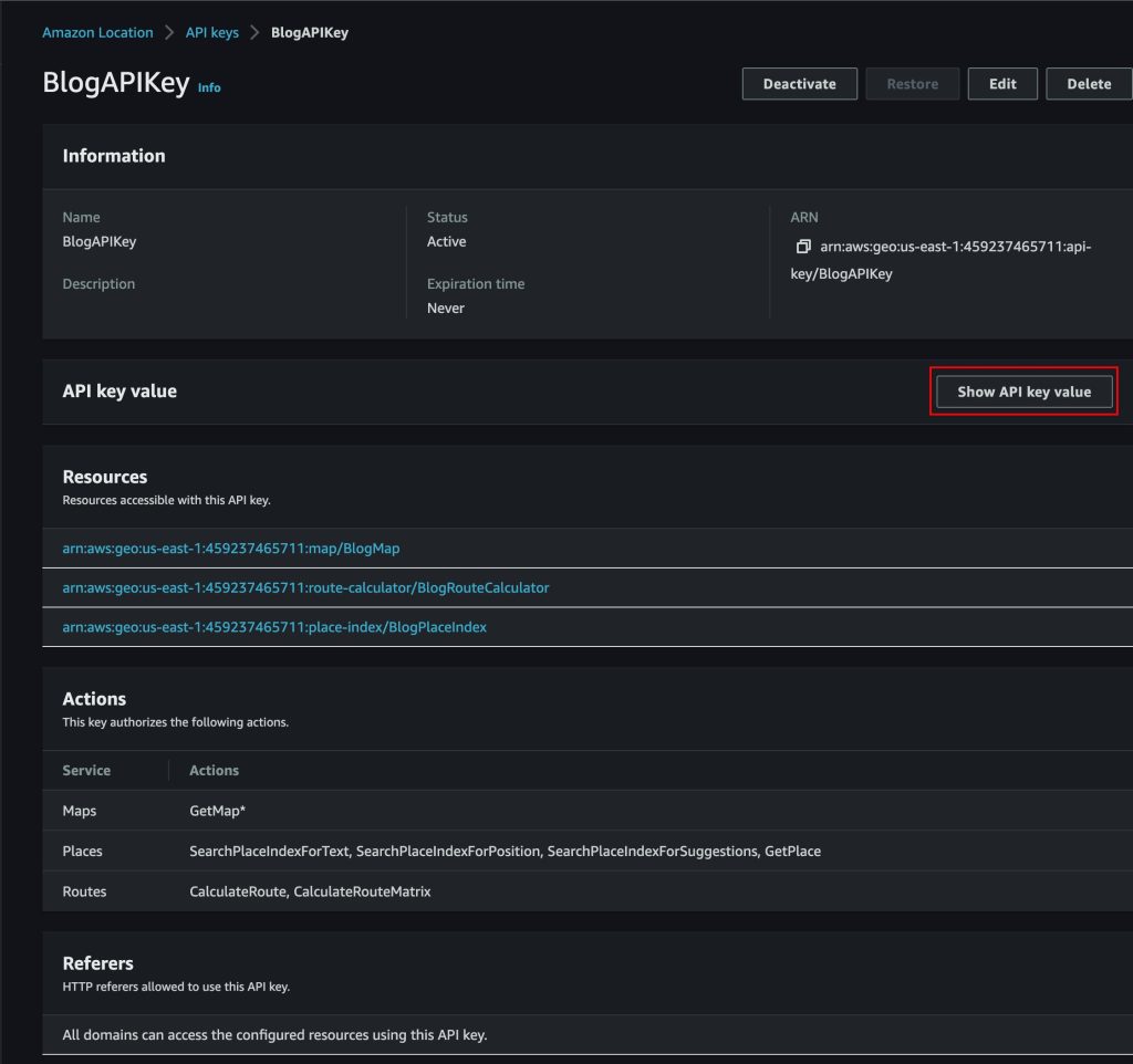 AWS Console showing the final API Key and how to select the API Key Value for inclusion in an application.