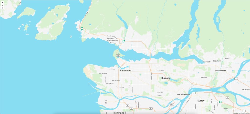 Map of Vancouver British Columbia created by Amazon Location Service