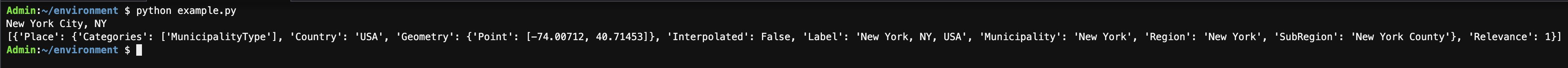 Image showing the search result for New York City, NY In a command line interface using Amazon Location Service Place Index