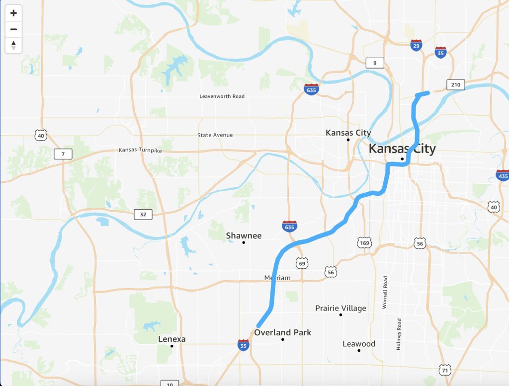 Image showing a map with a line between two points representing a route calculated using an Amazon Location Service route calculator.