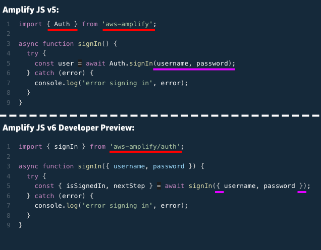 Screenshots showing the differences between JS v5 and v6