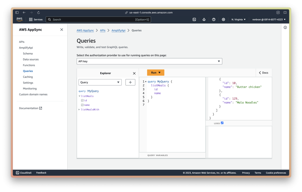 Screenshot of AppSync console running query backed by SQL statements