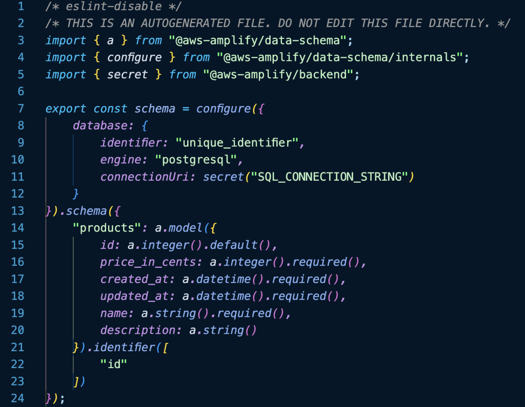 screenshot of code editor that display an examle schema configuration