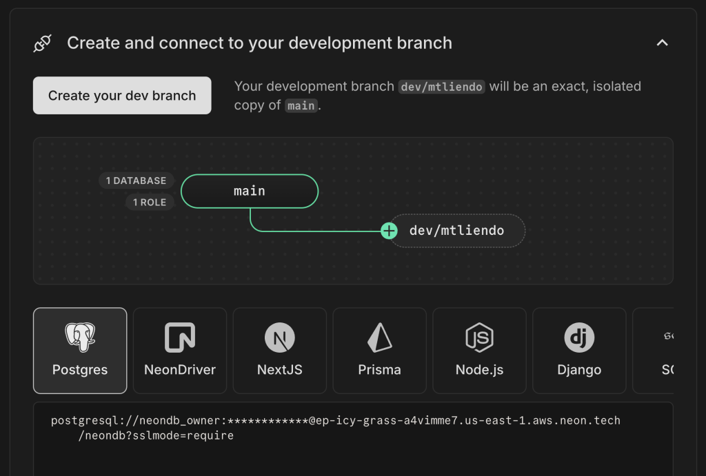 screenshot of neon interface that shows a partially hidden connection string