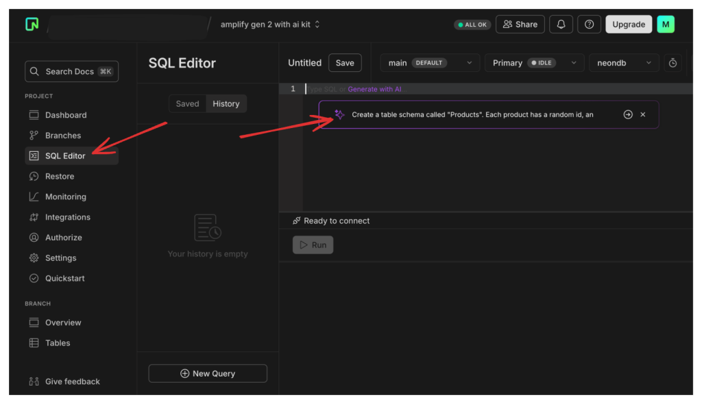 screenshot of neon interface that displays the SQL Editor and using an LLM to generate a query