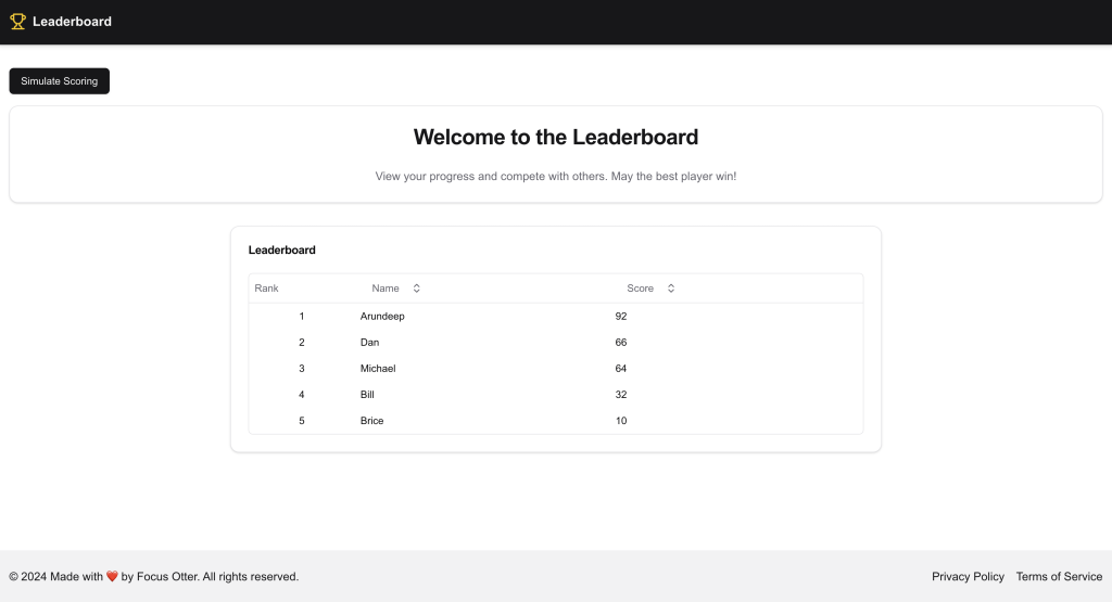 screenshot of leaderboard web app