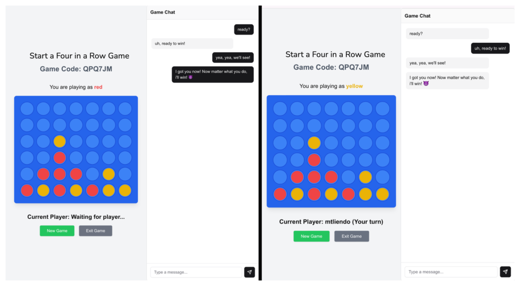 screenshot of two seperate screens where players are playing agains one another and chatting