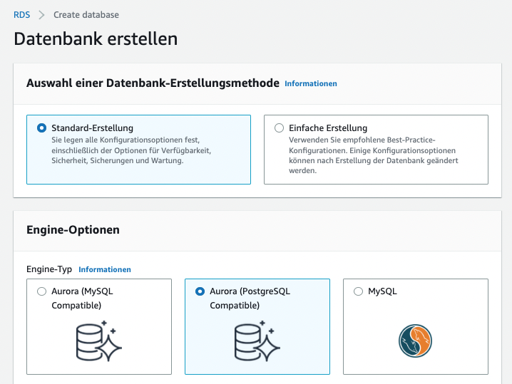 Erstellen der Amazon Aurora Datenbank in der AWS Managementkonsole