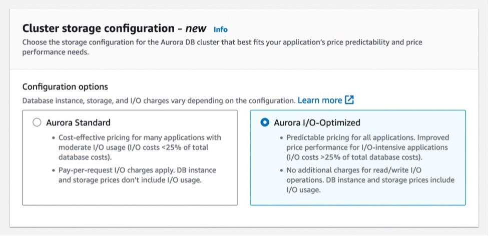 Neue Konfigurationsauswahl-Sicht von Amazon Aurora in der AWS Managementkonsole