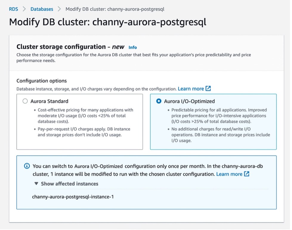 Konfigurations-Sicht von einem bestehenden Amazon Aurora Clusters in der AWS Managementkonsole