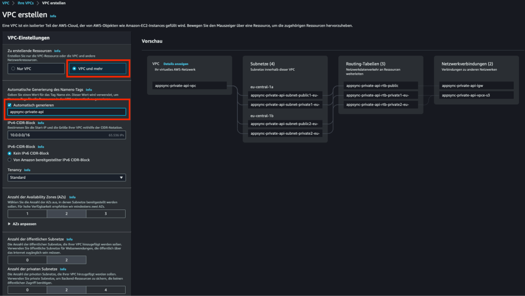 Bildschirmfoto der Erstellungsseite für VPCs in der AWS Management-Konsole