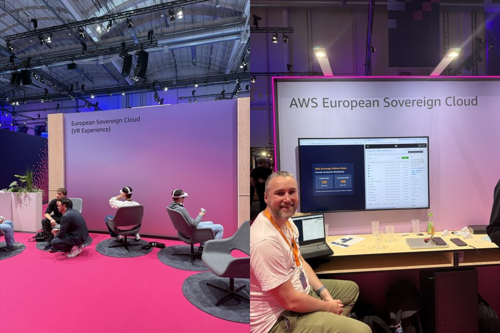 Links: Der European Sovereign Cloud Stand mit VR-Headsets für die Data Center Tour. Rechts: Ein Bildschirm zeigt die Sovereign Failover Demo mit Live-Zählern für Page Loads in Frankfurt und Brandenburg.