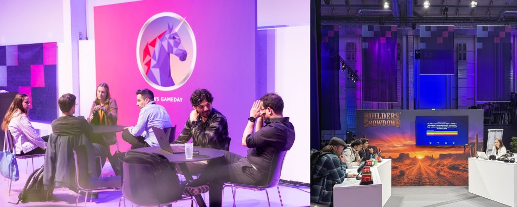 Links: Teams an Laptops lösen Agentic-AI-Challenges beim GameDay. Rechts: Der Builders' Showdown mit Western-Dekoration und Buzzer-Pult.
