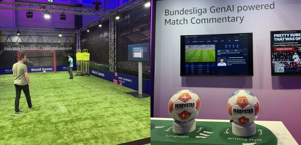 Ein Teilnehmer schießt auf ein Tor mit Netz in einer beleuchteten Halle. Daneben ein Bildschirm mit der Aufschrift „Bundesliga GenAI powered Match Commentary" und zwei Fußbälle auf einem Tisch.