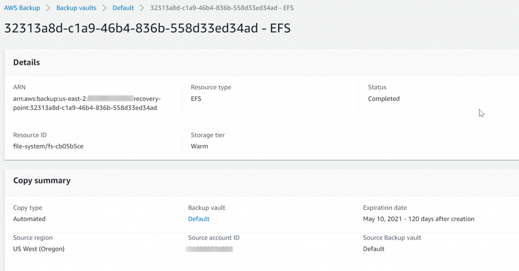 Backup vault for EFS